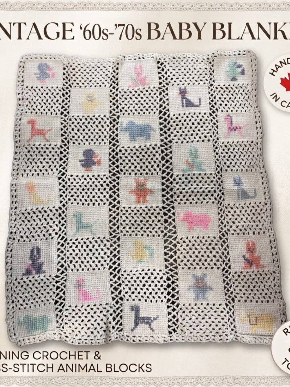 Vintage Handmade Baby Afghan Baby Blanket w/ Hand Stitched Animals 1960-70’s